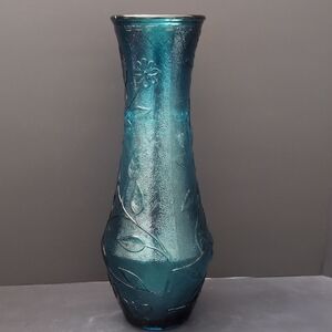 VGT,Mid Century,Dark Teal Empoli Glass Genie Vase with Butterflies/Fruit,Vines.